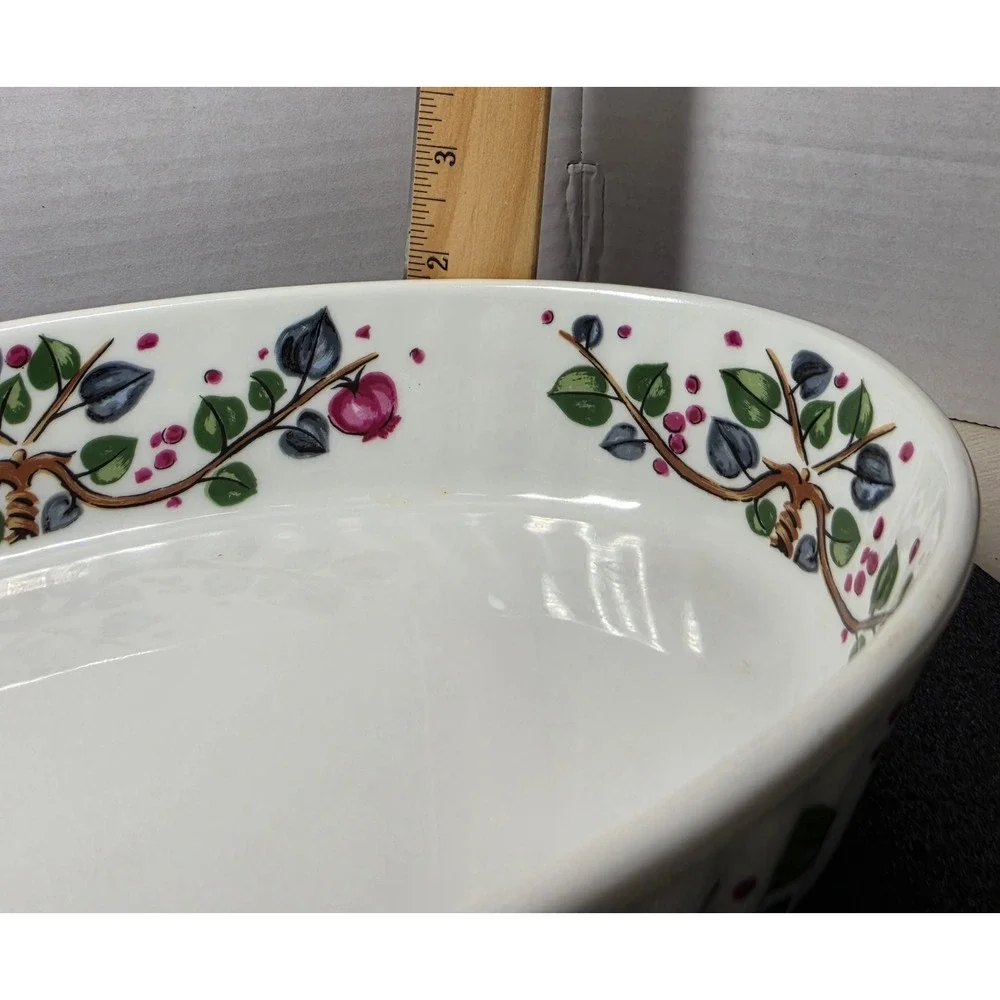 Vintage Oval Ceramic Baking Dish Fruit Vine Pomegranate White 12 Inch Casserole